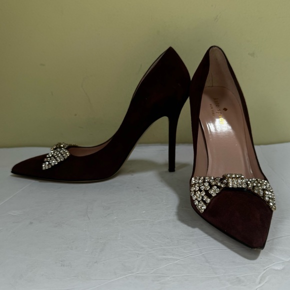 Kate Spade Lissie Hangisi Bow Burgundy Suede  Leather Point Toe Heels Rhinestone - Picture 11 of 16